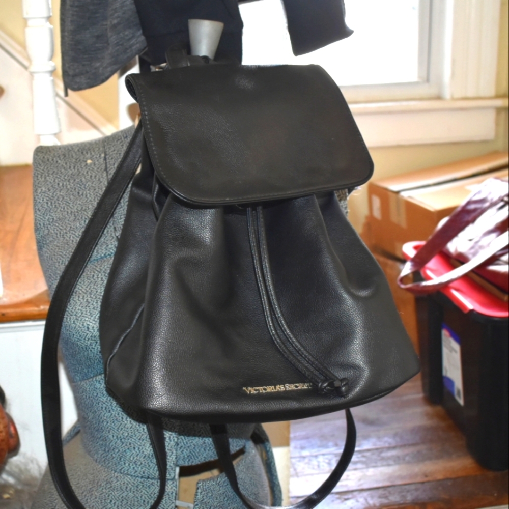 Victoria’s Secret black drawstring faux leather backpack